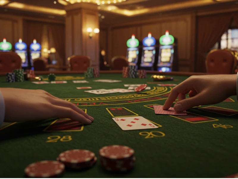 8888 Casino playing baccarat with cards on a green felt table.