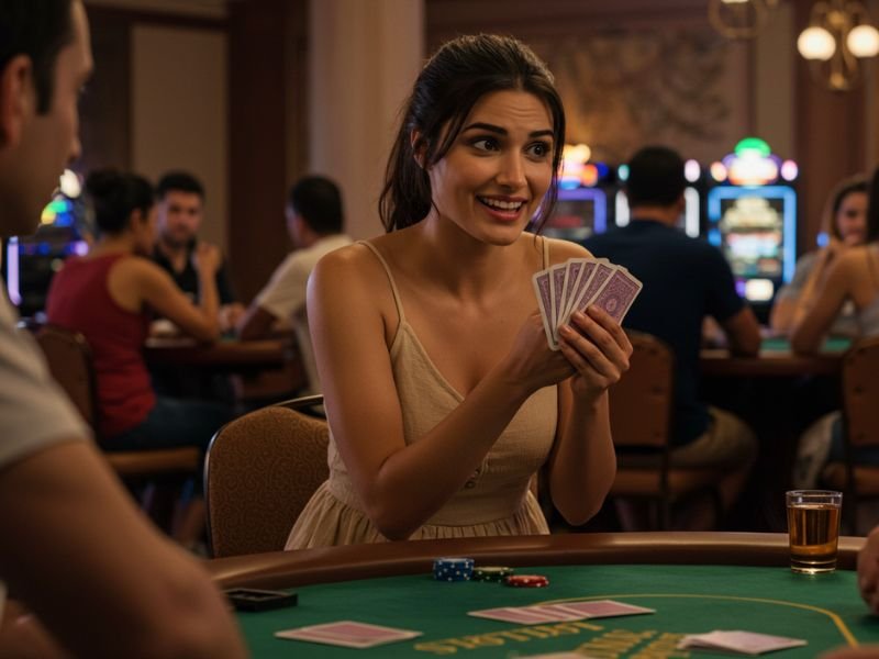 Girl playing cards at a lively casino table, enjoying her winning moment at 888 casino net.