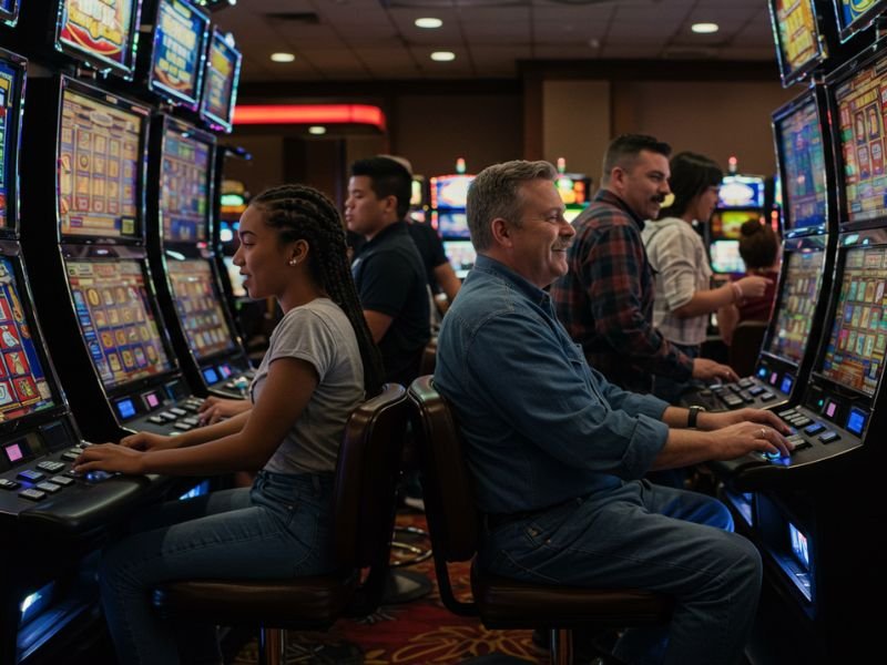 Old man and his friends enjoying slot and table games at 888 Casino Net, having fun together in a lively casino setting
