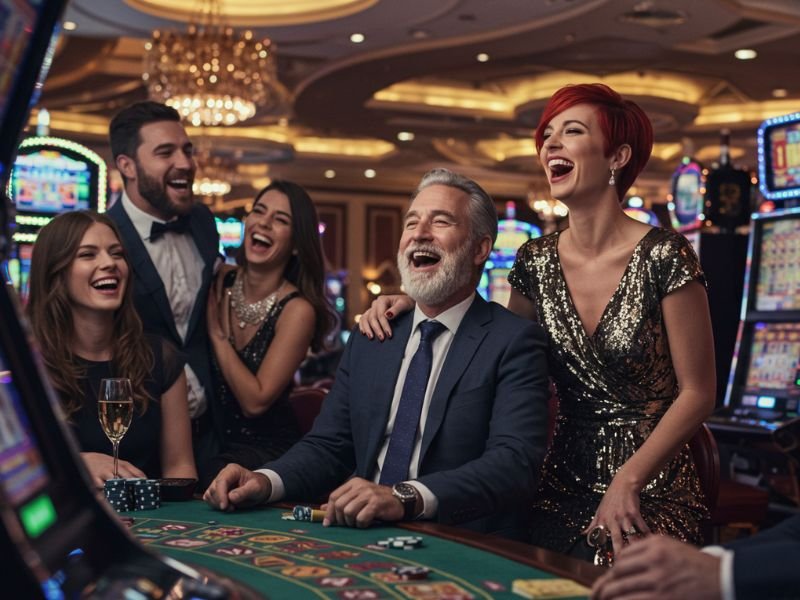 Old man enjoying games with friends at 88 Online-Casino, smiling while playing casino tables.