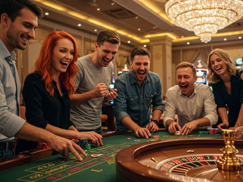 Friends enjoying a fun night at 888 Online Casino, placing bets and celebrating wins together.