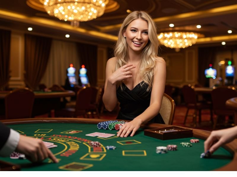 A happy girl celebrating a big win with friends at the 888 Online casino, surrounded by slot machines and casino lights.
