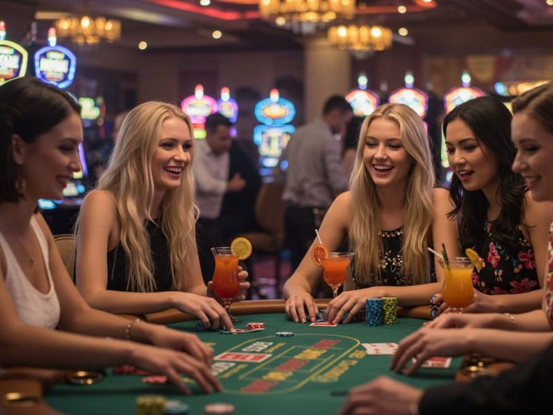 888 Online Casino girls enjoying poker with drinks in a lively gaming atmosphere