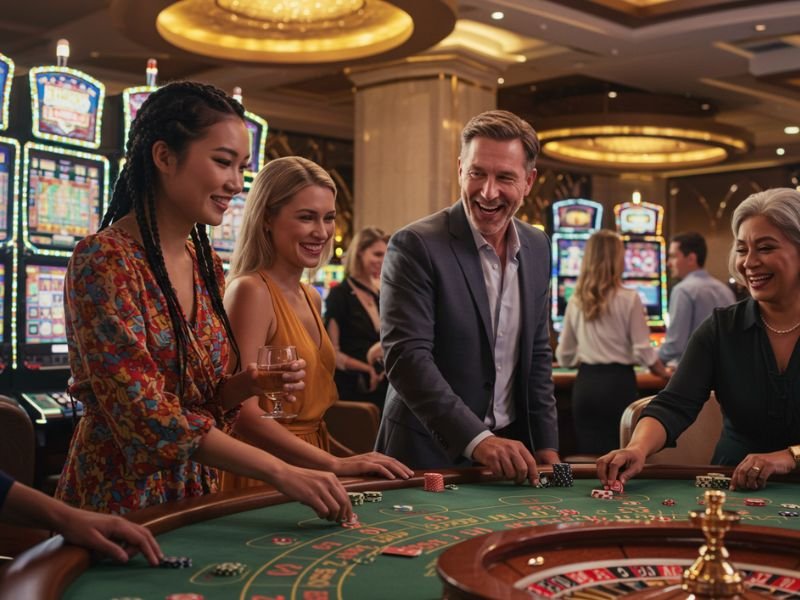 Happy man playing at 888 Online casino with two smiling women enjoying the game together