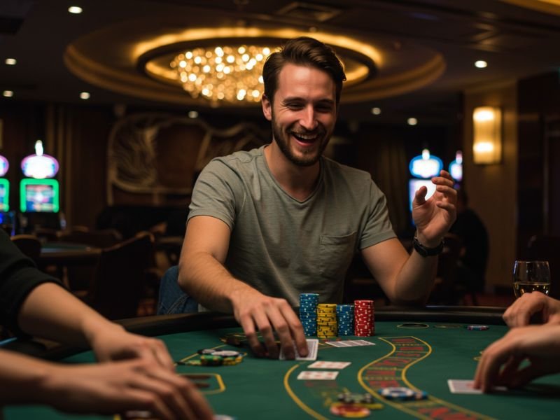 Man celebrating big win at Asia 88 Casino with slot machines in the background