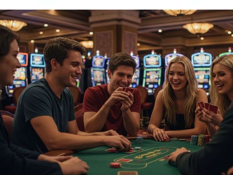 Friends enjoying games together at Asia casino 888, having fun in a vibrant casino setting.

