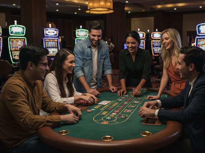 A happy couple celebrating a big win at Asia casino 888, with the man cheering and the girlfriend holding winning chips inside the casino.

