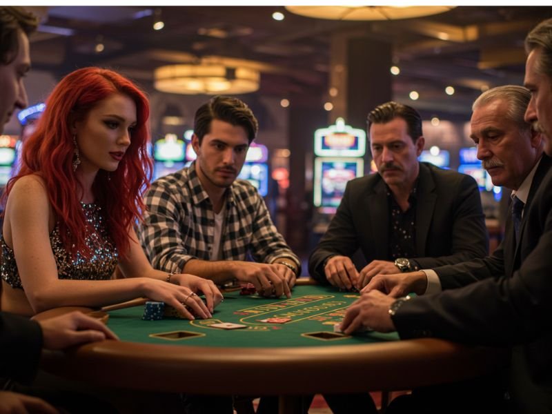 Young woman celebrating her win at Bet88 Casino alongside veteran players in a lively casino setting.

