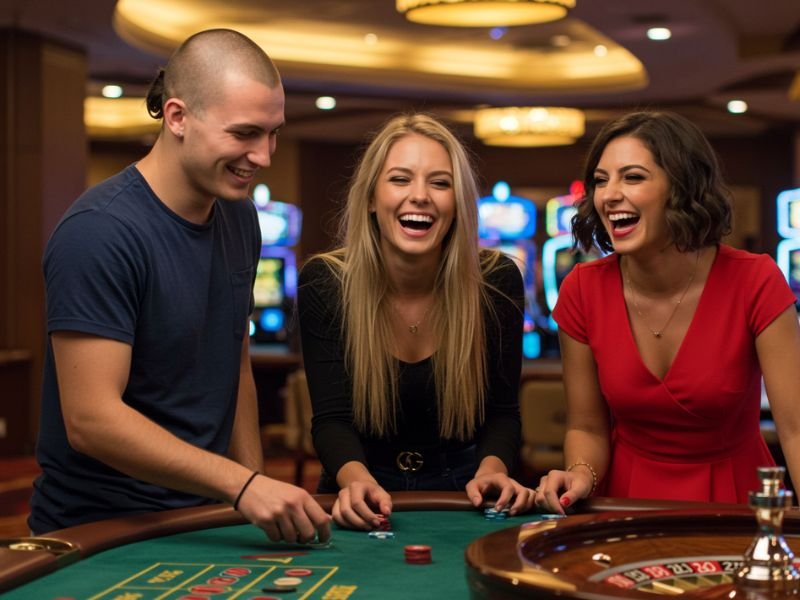 Man enjoying a game at Bet88 Casino with his two friends smiling and playing together

