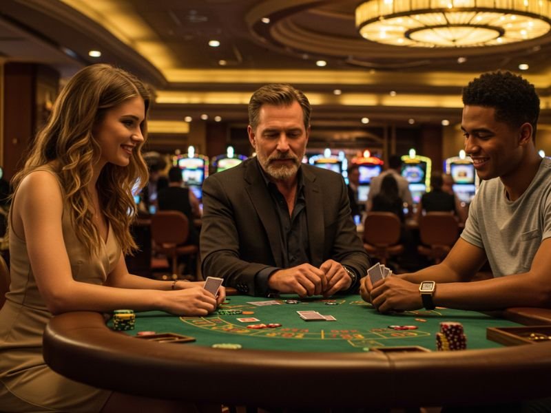 An old man playing a casino game with his son and his girlfriend’s son at Bet88 Casino.