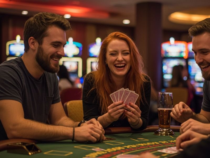 Cash Casino scene with a smiling girl playing alongside two boys at a vibrant gaming table.