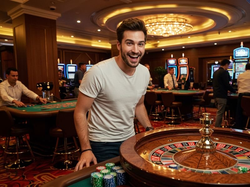 Man enjoying a winning moment at Cash Casino, playing games with excitement and focus.