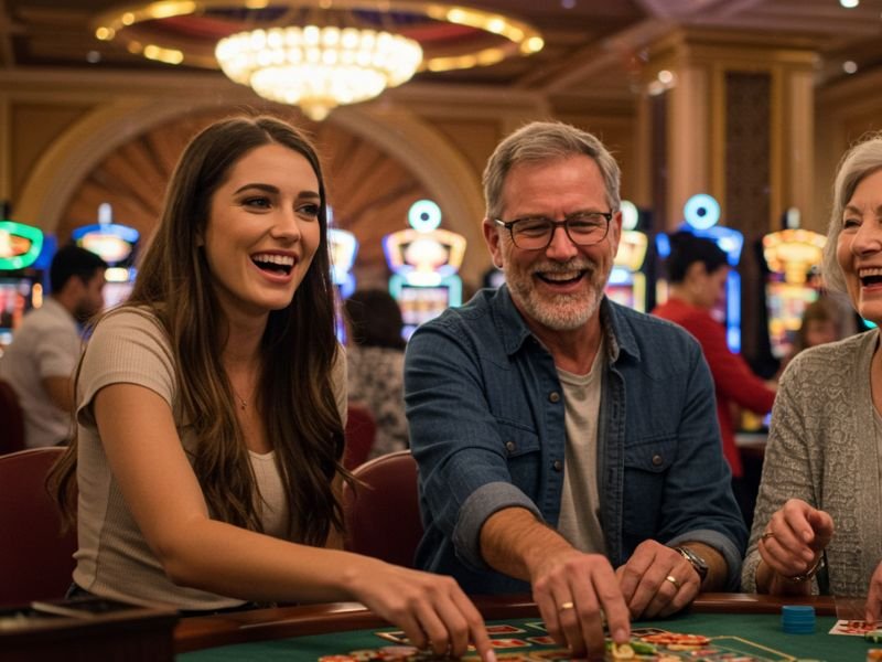 Elderly Escala Gaming-Agent guiding a young woman inside a lively casino