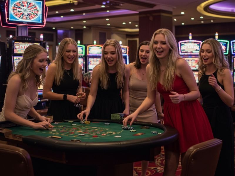Group of smiling friends and girls playing poker together at Extreme Casino 88 Gaming.