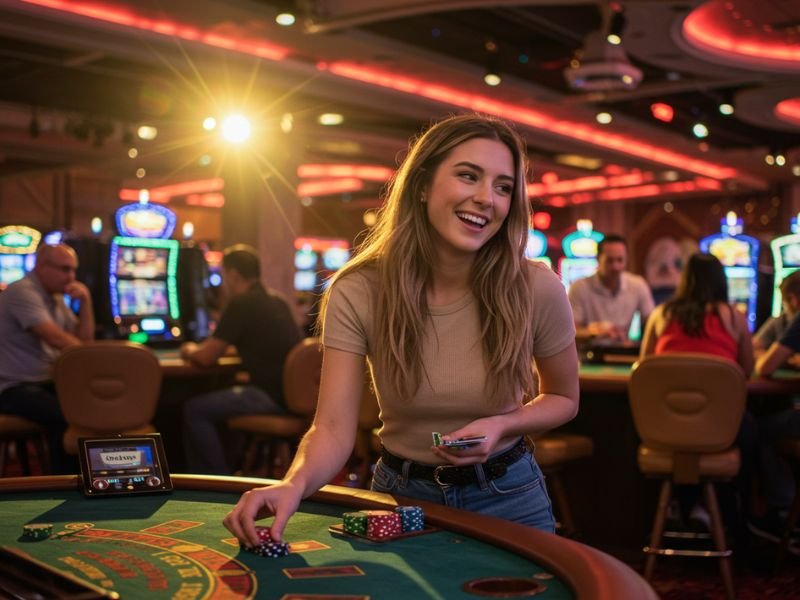 Girl placing a bet in a casino with excitement at ExtremeGaming888 Asia