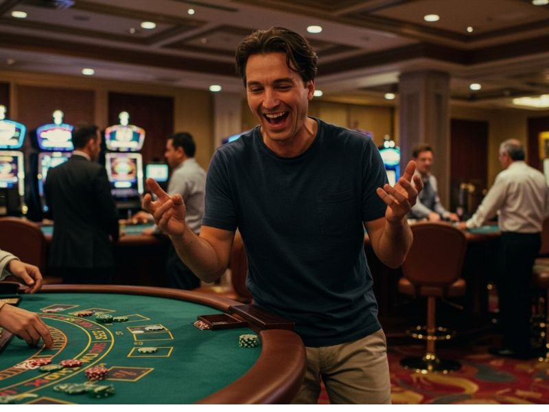 Man celebrating a big win while playing Extreme Casino Gaming, showing excitement and joy in a vibrant casino environment.