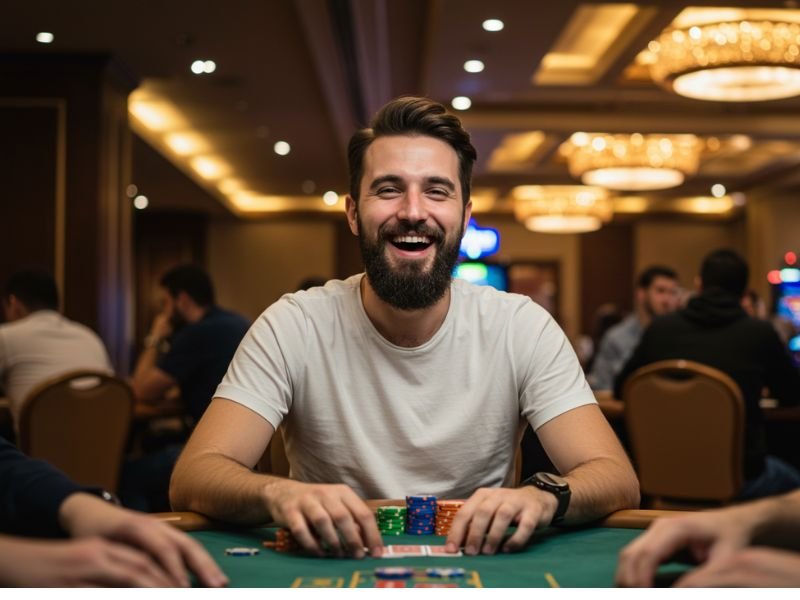 Man celebrating a big win at a slot machine in an Extreme Casino Gaming environment