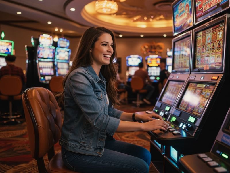 Young woman enjoying games at a Cash Casino, focused on her winning streak.