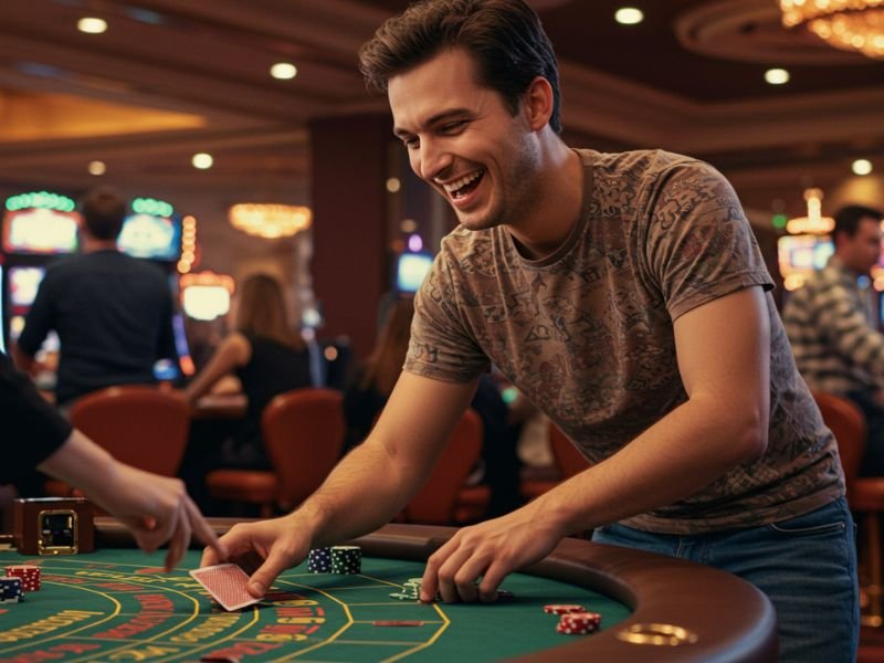 Man playing cards at a lively Cash Casino table, focusing on strategy and excitement.