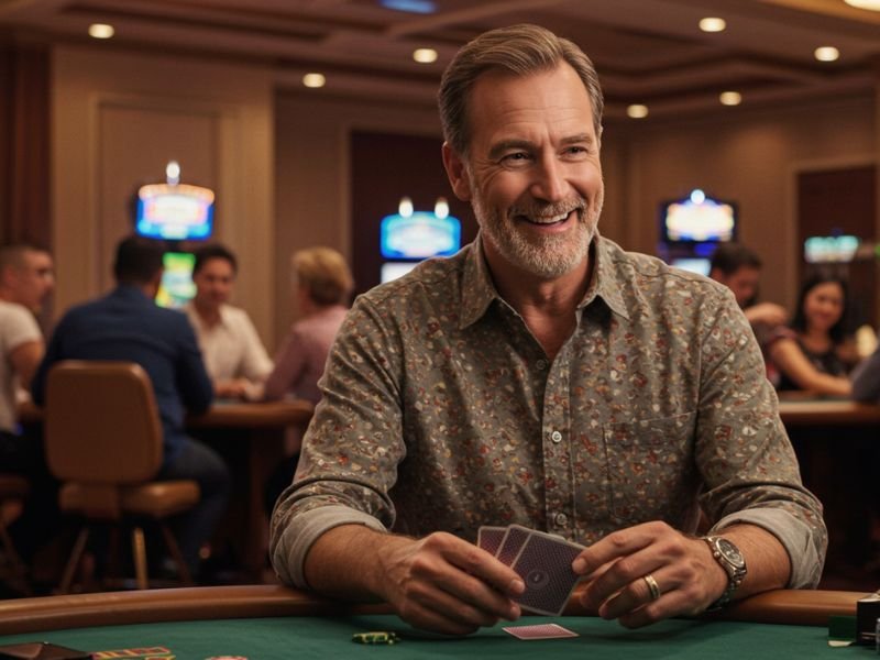 Old man enjoying a game of cards in a lively casino setting on ExtremeGaming8 net.