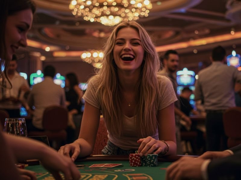 Happy Asian woman enjoying slot machines at a lively casino with ExtremeGaming888 Asia.