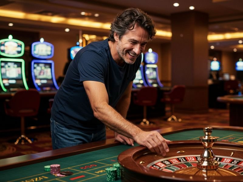 Elderly man placing a bet at a casino table while enjoying the games at ExtremeGaming888 Asia.
