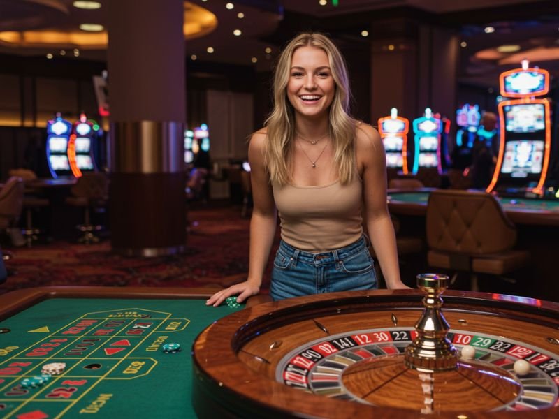 Girl hosting the MEM PH Game at a lively casino event