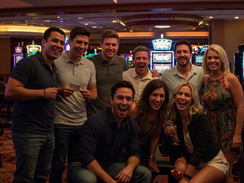 Man and his friends smiling while taking a picture in a casino during a MEM PH Game session