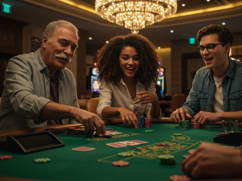 Ph-dream casino man seriously playing poker with friends at a gaming table.