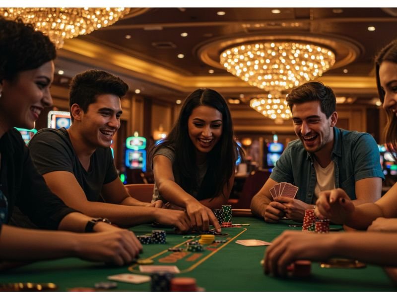 Phgaming Free 8 player celebrating a win with friends in a lively casino setting

