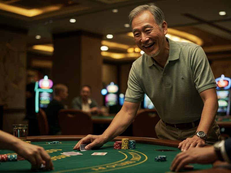 Old man confidently leading and winning at a table game in Phlove Online-Casino.

