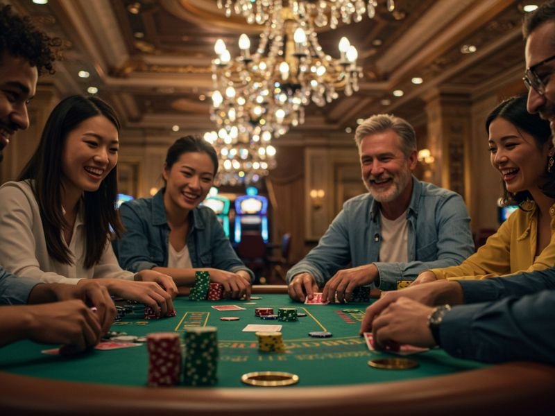 Older man enjoying games with young people at Phlove Online-Casino