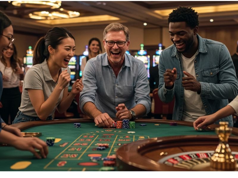 Old man celebrating a big win at Phlove Online-Casino, holding chips and smiling with excitement.