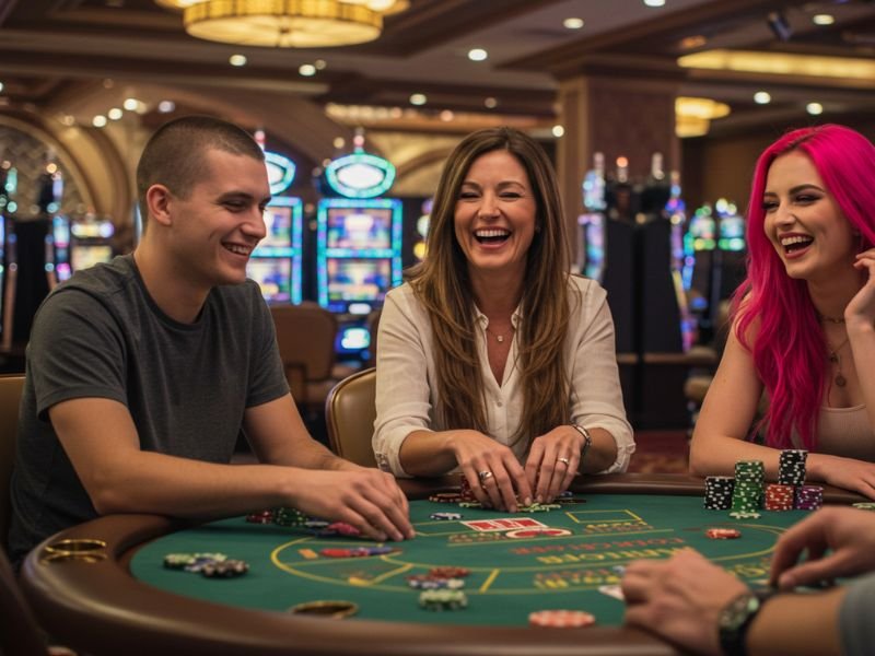 Young woman celebrating her big win while playing on the Pusoy Online App inside a lively casino setting.