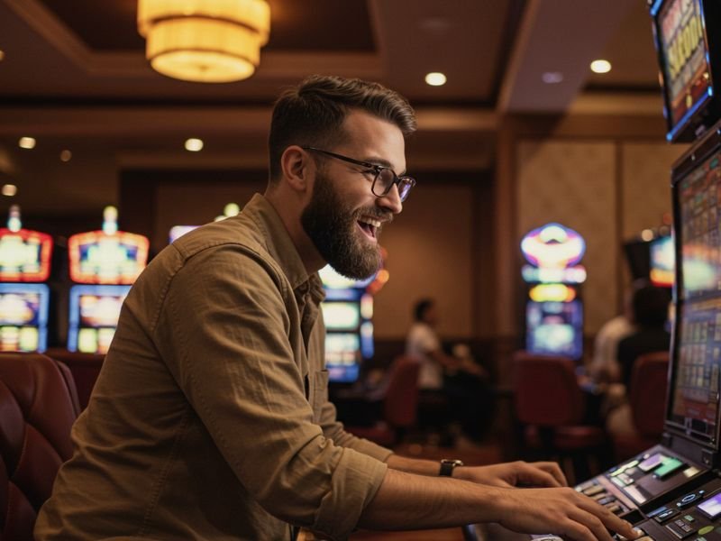 Happy man enjoying a thrilling Pusoy Online Game in a lively casino setting.