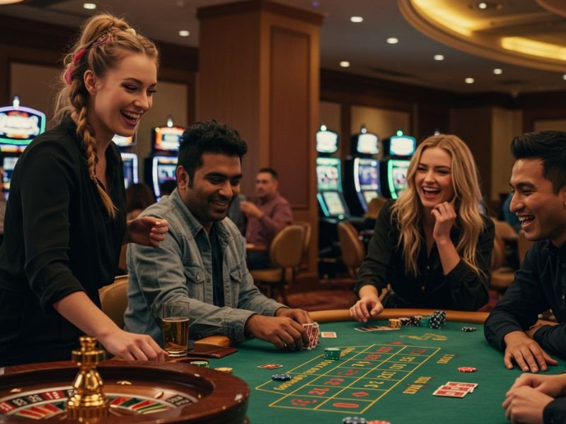 Man celebrating big win in a casino while playing Pusoy Online Game with his girlfriend cheering beside him.