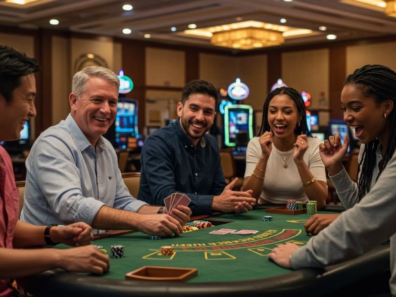 Old man smiling while enjoying a Pusoy Online Game in a lively casino setting.