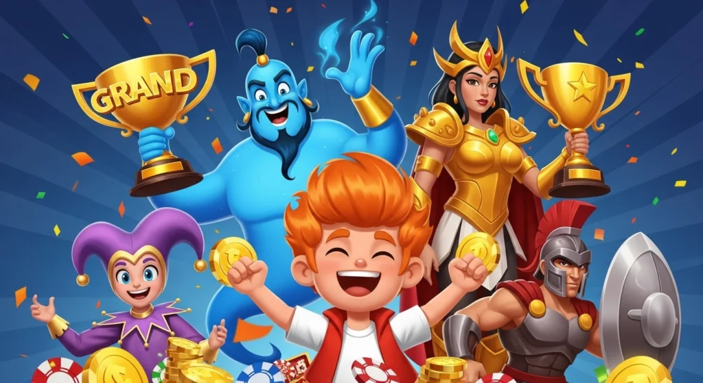 Cartoon characters celebrating jackpot win in online casino game