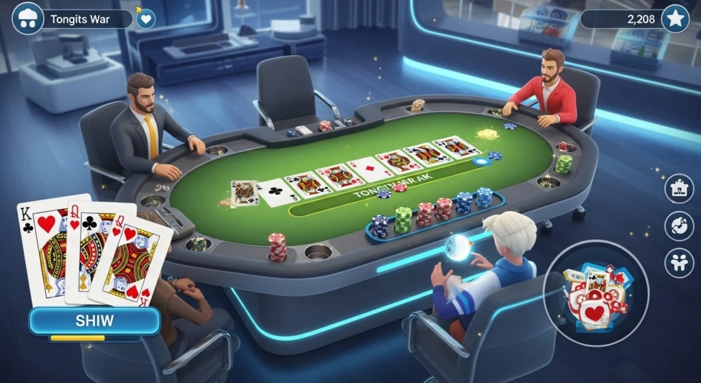 Realistic Tongits War APK gameplay with animated avatars and virtual cards on a sleek table.