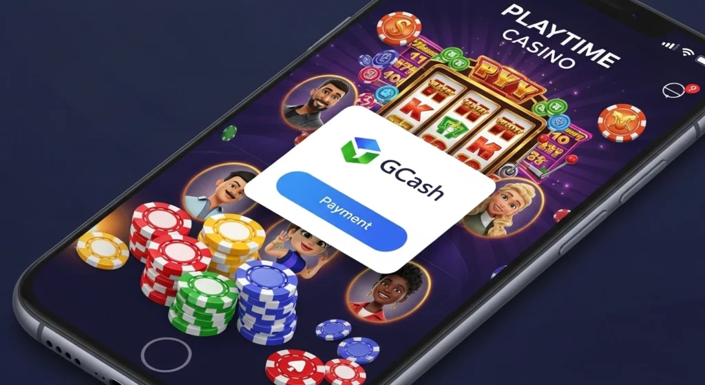 Smartphone showing Playtime Casino GCash app with slots and animated avatars.
