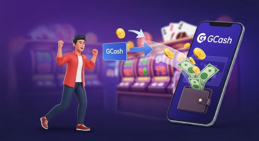 Filipino player withdrawing winnings from Playtime Casino to GCash wallet on smartphone.