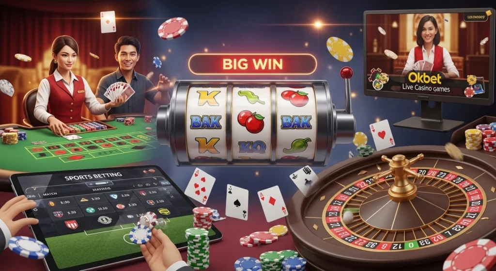 Montage of Okbet Live Casino games including slots, baccarat, roulette, and live dealer
