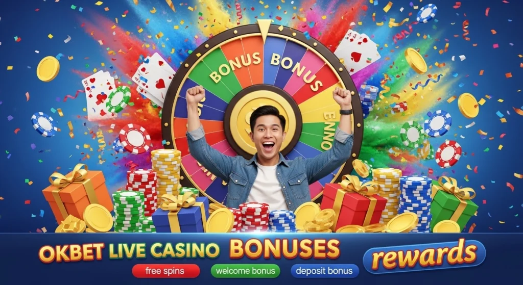 Excited player celebrating bonus wins at Okbet Live Casino with coins and chips
