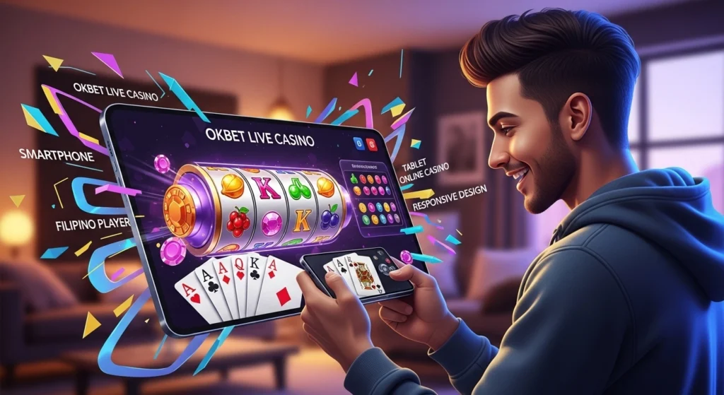 Filipino player enjoying Okbet Live Casino on smartphone

