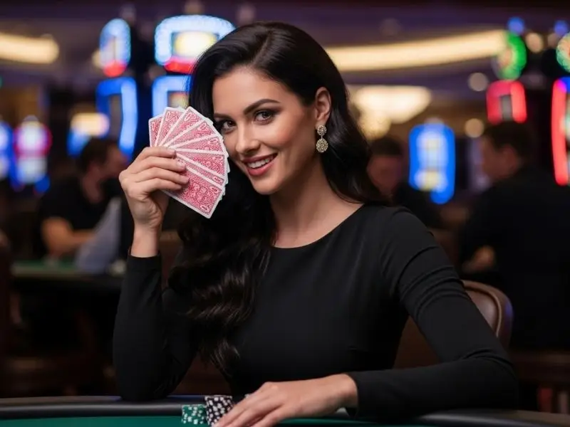 Grinning woman holding poker cards inside a casino, playing at 711 bet online casino