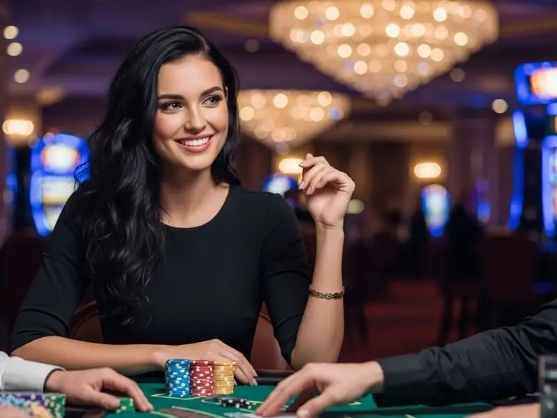 Happy woman smiling with poker chips at 711 bet online casino, enjoying a lively casino atmosphere
