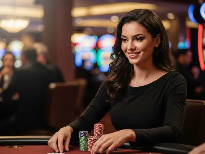 Lady enjoying a table game at 711 bet online casino inside a lively casino environment