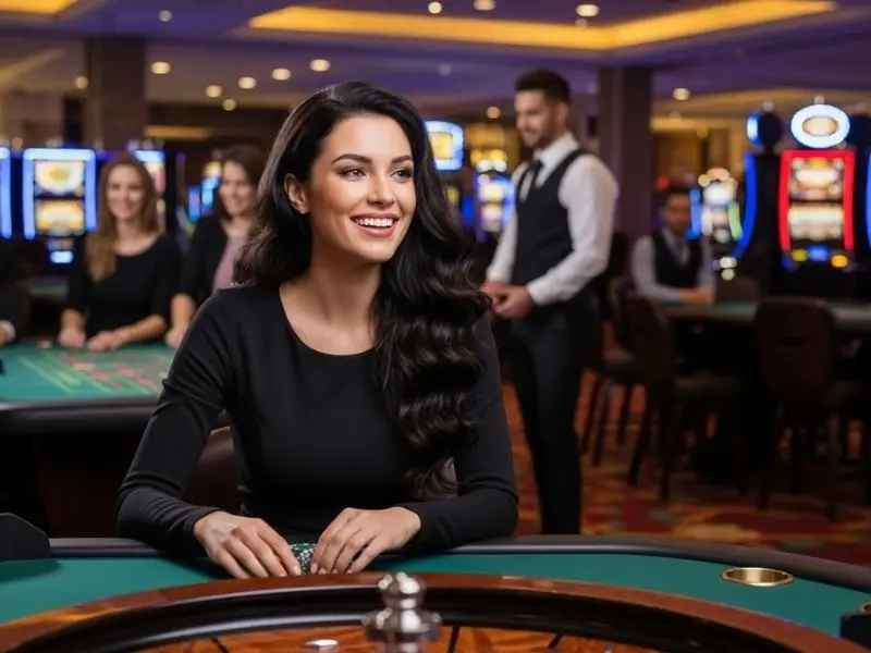 Woman enjoying roulette game in a casino with 777 pub casino login interface visible on screen