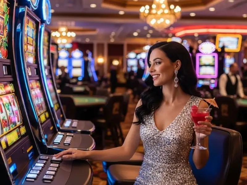 Woman enjoying slots game at a casino using 777 pub casino login