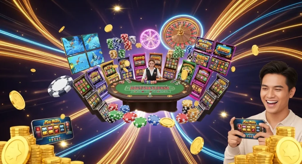 Pagcor online casino games including slots, baccarat, roulette, and arcade games.